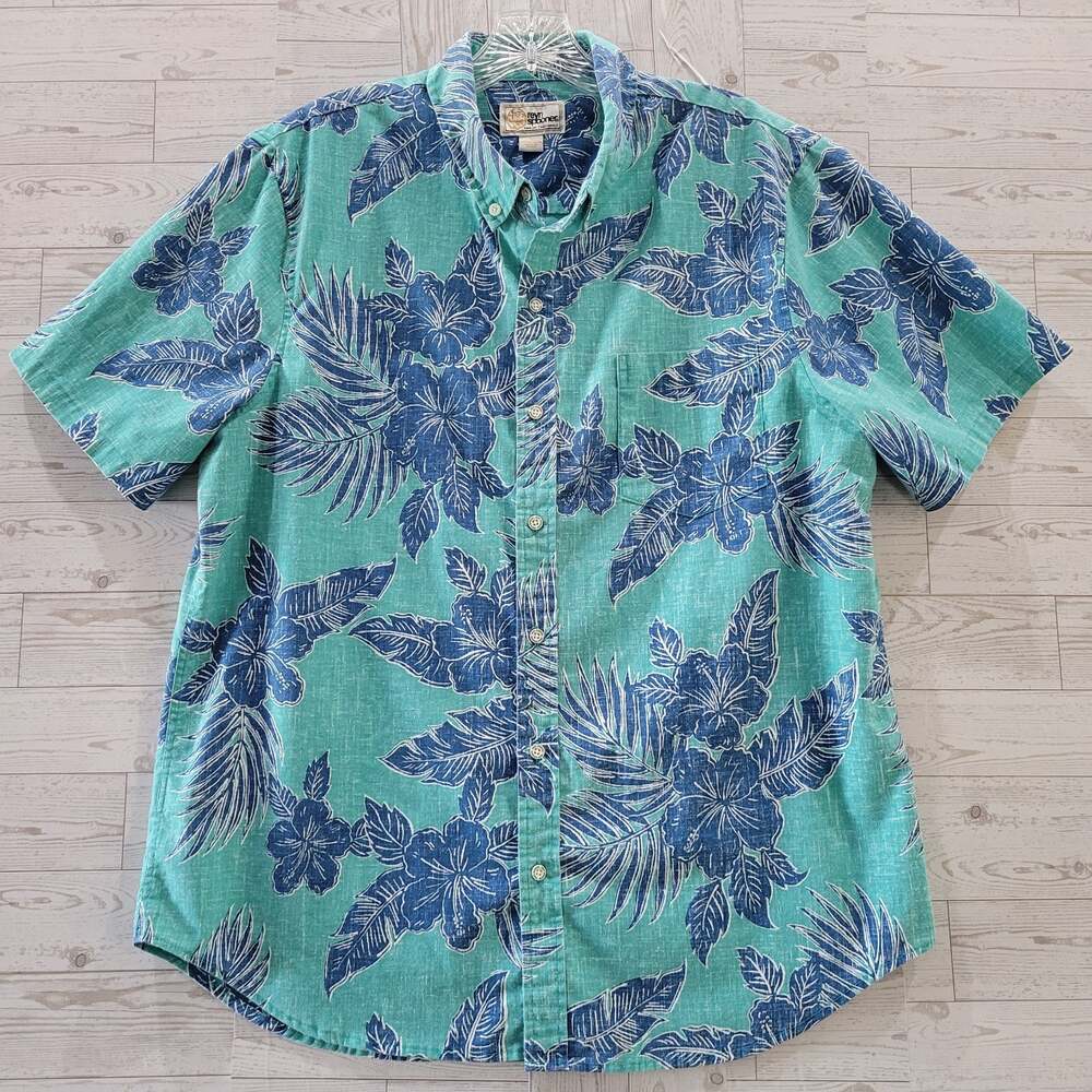 Reyn Spooner Tailored Fit Hawaiian Shirt Mens L Tropical Palm Floral Aqua Blue